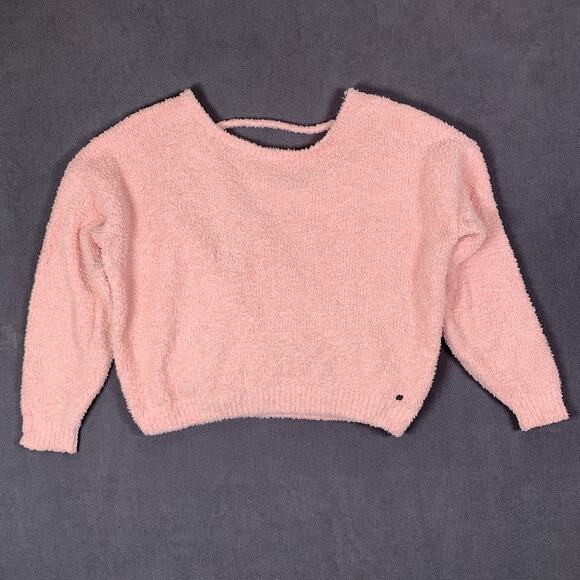 Hollister Sweater Womens Large Pink Fuzzy Soft Cutout Back Cozy Comfy Teddy Core - Picture 1 of 10